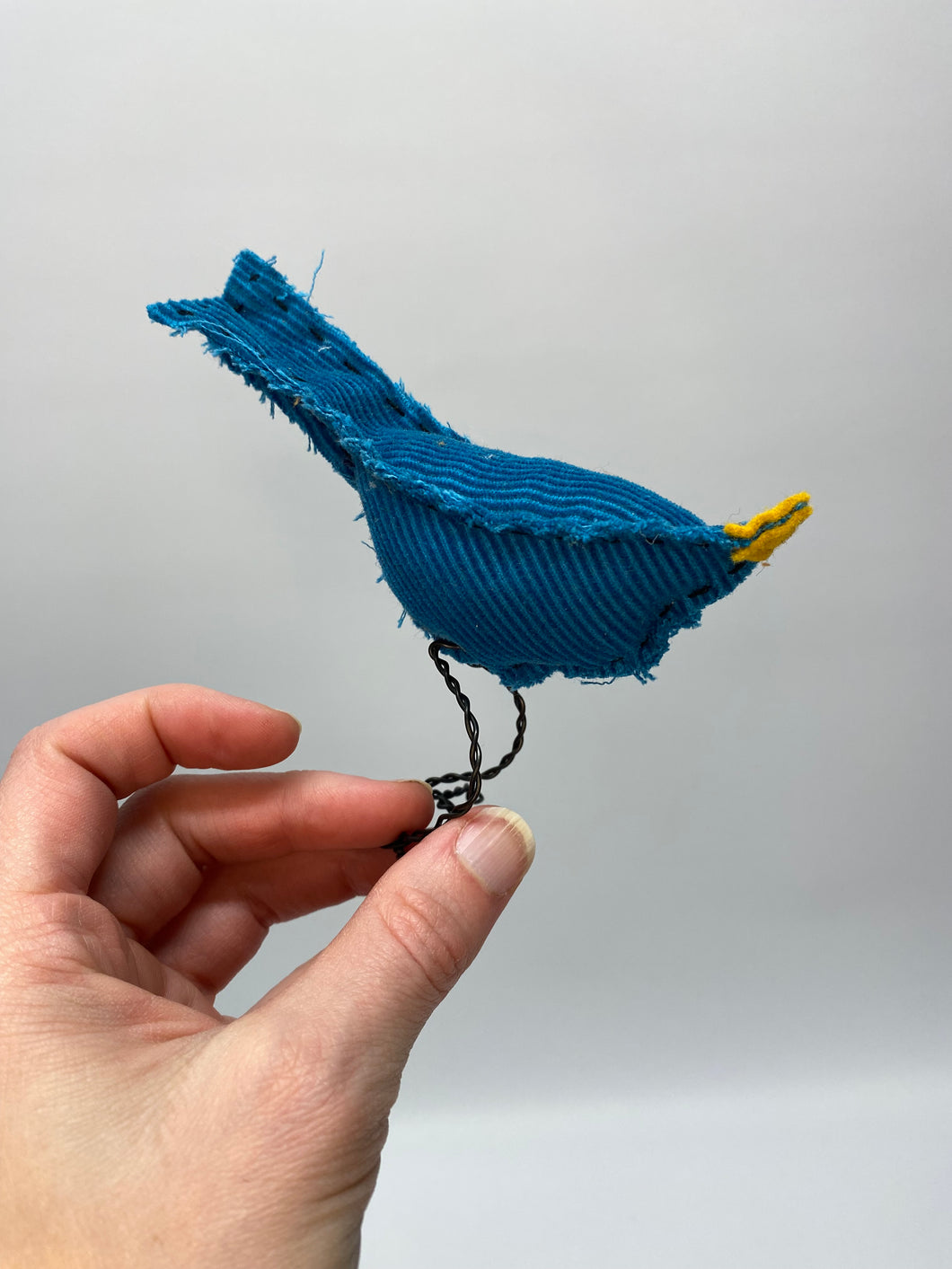 Bird with Wire Legs - Turquoise corduroy