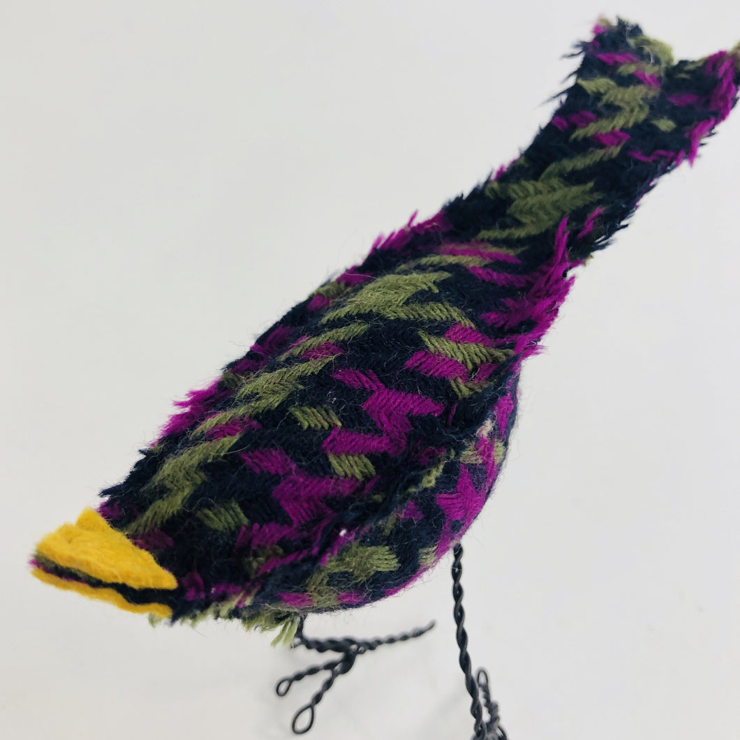 Bird with Wire Legs - Green and Fuchsia Herringbone